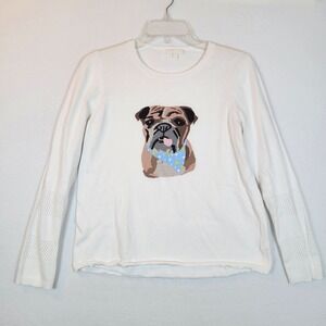 Lisa Todd Womens Bulldog Lover Knit Cotton Sweater Top Size Small White Animal